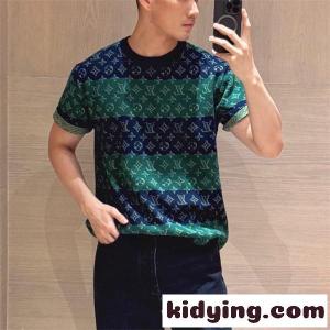 ボーダー 切替 モノグラム ジャガード 半袖ニットTシャツ 上質素材 厚手 高級感 ルーズフィット メンズ レディース ルイヴィトン コピー コピー Louis vuitton コピーkidying26em4HXv