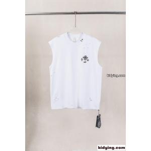 ノースリーブTシャツ ホワイト クロムハーツ ブランド コピー コピー Chrome hearts ブランド コピー ダメージ加工 破れデザイン メタルクロス装飾 スタッズ風パーツ ワンポイントロゴ 綿素材 通気性 クルーネック ルーズシルエット ストリート ユニセックス 夏人気kidying26SD8zGD