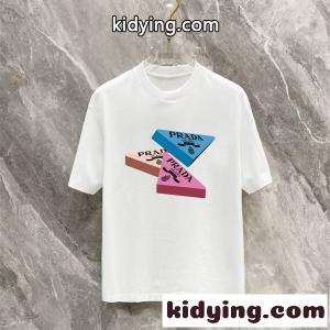 ホワイト 半袖Tシャツ prada コピー トライアングルロゴ プラダ コピー コピー カラーブロックプリント クルーネック フロントグラフィックkidying26nemaSf
