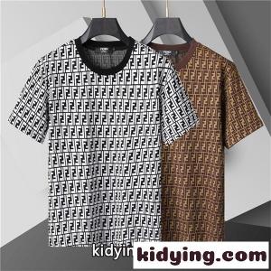 ブラック ホワイト 半袖Tシャツ fendi コピー FF総柄 フェンディ コピー コピー クルーネック モノトーンロゴプリントkidying26TPHnOb
