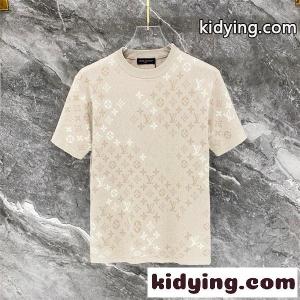 ベージュ 半袖ニットTシャツ Louis vuitton スーパーコピー モノグラム総柄 ルイヴィトン スーパーコピー コピー 同色ロゴ編み クルーネック リブ襟kidying26iGLfSb