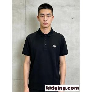 ブラック 半袖ポロシャツ prada ブランド コピー 胸元三角ロゴ プラダ ブランド コピー コピー ボタンネック メンズカジュアル ベーシックシルエットkidying26059rWv