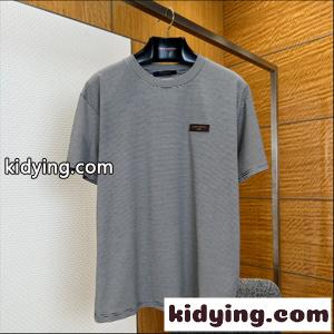 グレー 細ボーダー半袖Tシャツ Louis vuitton コピーブランド ルイヴィトン コピーブランド コピー 胸元パッチロゴ クルーネック ゆったりシルエットkidying264jeiWz