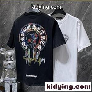 ブラック ホワイト 半袖Tシャツ Chrome hearts コピー クロムハーツ コピー コピー 胸元サークルプリント カラーロゴ 丸首 カジュアルトップスkidying26mWH1Tz