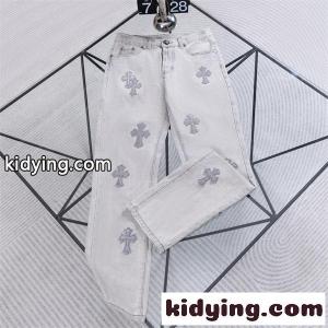 ライトグレー デニムパンツ Chrome hearts コピーブランド クロムハーツ コピーブランド コピー クロス刺繍パッチ ウォッシュ加工 ストレートシルエット 5ポケットジーンズkidying26O5THHn
