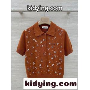 ビジュー付き ニット ポロシャツ ミュウミュウ コピー ニット コピー ウール ブラウンkid26quSH1n