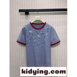 スパンコール刺繍 ボーダーストライプ 半袖Tシャツ プラダ ブランド コピー Tシャツ 偽物kid26faKfOv