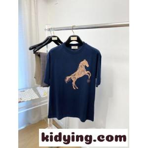 馬モチーフ コットン 半袖Tシャツ エルメス コピー Tシャツ 偽物 クルーネック ネイビーkid26SXP1va
