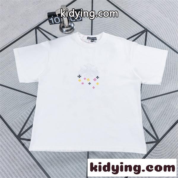 ホワイト 半袖Tシャツ Chrome Hearts クロムハーツ コピー 淡色フローラルクロス刺繍風 マルチカラー小クロス クルーネック ボックスシルエット-0
