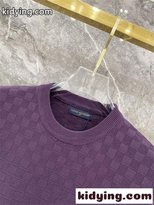 パープル 半袖ニットTシャツ Louis Vuitton ダミエ調編み柄 ルイヴィトン コピー 胸元ロゴ刺繍 クルーネック リブ襟-2