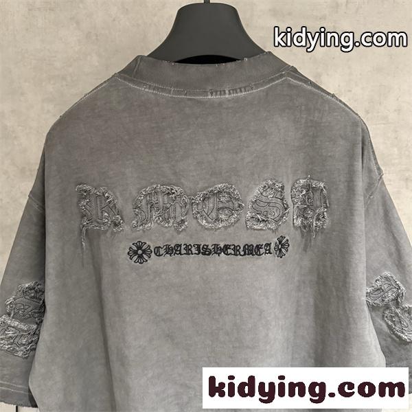 ウォッシュグレー 半袖Tシャツ Chrome Hearts 胸元ロゴプリント クロムハーツ コピー ヴィンテージ加工 クルーネック-3