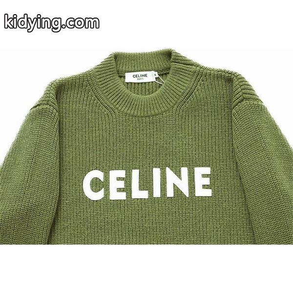 セリーヌ CELINE スーパーコピー柔らかな風合いが魅力の カーキ ロゴ刺繍 クルーネック ニット セーター-3