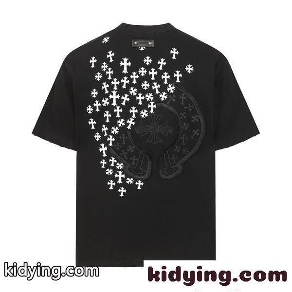 クロムハーツ コピー Chrome Hearts 26SS 半袖Tシャツ ブラック クロス刺繍 高密度320g 厚手生地 ダメージ加工 ヴィンテージ仕上げ 高級ストリート ユニセックス-5