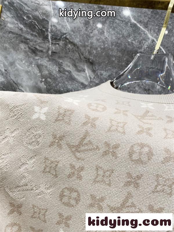 ベージュ 半袖ニットTシャツ Louis Vuitton モノグラム総柄 ルイヴィトン コピー 同色ロゴ編み クルーネック リブ襟-4
