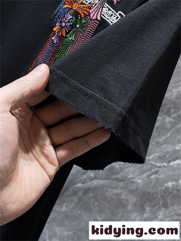 ホワイト 半袖Tシャツ Chrome Hearts クロムハーツ コピー マルチカラークロスロゴ バックデザイン 丸首 リラックスフィット ブラック-6