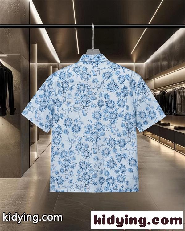 DIOR 総柄 半袖 スーパーコピー シャツ フラワーモチーフ ブルー ホワイト メンズ リゾート カジュアル 夏 ファッション 定番-1