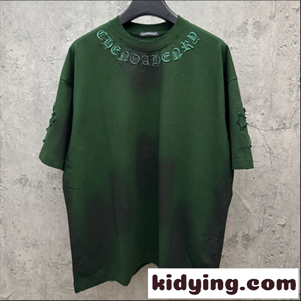 グリーン 半袖Tシャツ Chrome Hearts クロムハーツ コピー ネックゴシックロゴ ウォッシュグラデーション クロスワッペン風 ゆったりシルエット-0