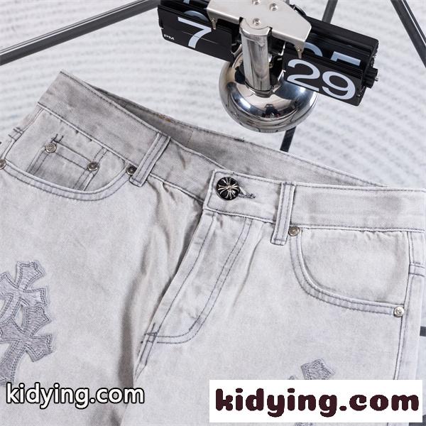 ライトグレー デニムパンツ Chrome Hearts クロムハーツ コピー クロス刺繍パッチ ウォッシュ加工 ストレートシルエット 5ポケットジーンズ-2