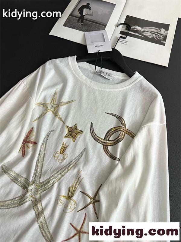 CHANEL 激安 ホワイト ロングスリーブ シャネル 海モチーフ キラキラ ビジューデザイン 偽物-8