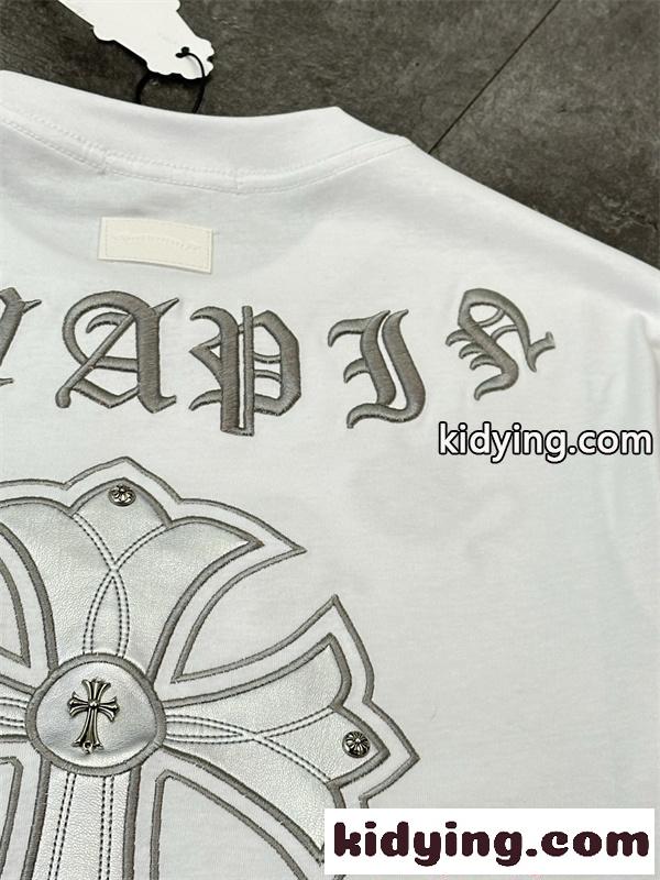 クロムハーツ コピー 半袖 Tシャツ メンズ ワイドフィット 刺繍デザイン クロスモチーフ ゴシック文字 バックプリント フロントロゴ オーバーサイズ カジュアル ストリート ホワイト 春夏-7