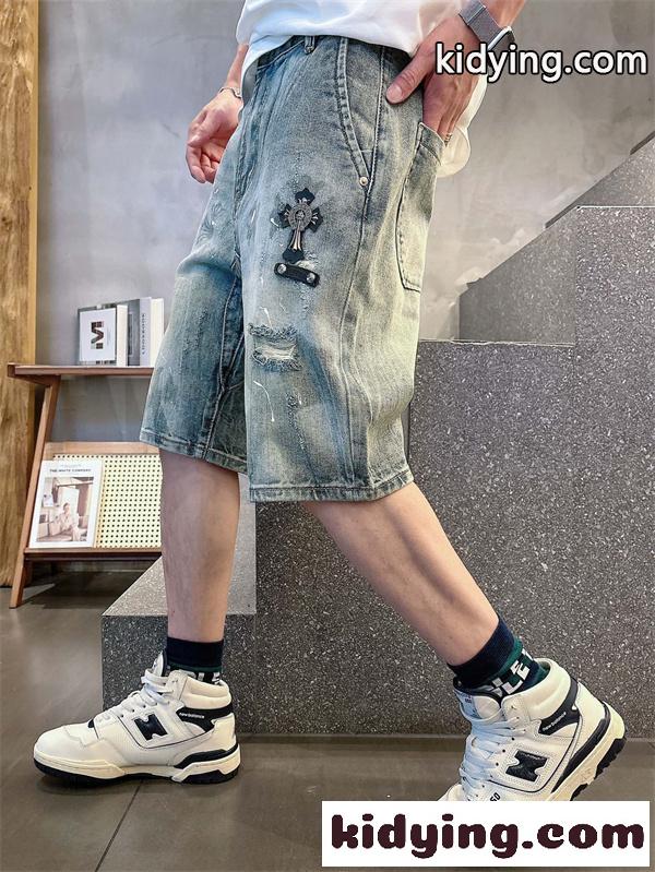 ラックデニム ショートパンツ Chrome Hearts クロスパッチ装飾 クロムハーツ コピー カットオフ裾 レッドホワイト ワイドポケット-7