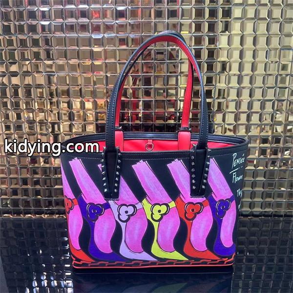 クリスチャン ルブタン Christian Louboutin Cabata カバタ トートバッグ スパイクスタッズ エナメルレザー 黒 赤 ゴールド レディース-0