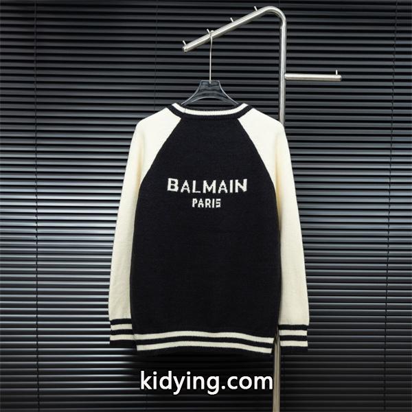 BALMAIN 偽物 秋冬日常 ユニセックス ブラック × ホワイト ベースボール風 ニットセーター バルマン-1