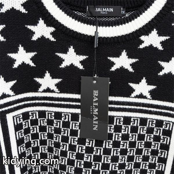 BALMAIN コピー 秋冬デザイン ブラック × ホワイト 星柄 × 幾何ロゴ ニットセーター バルマン-6