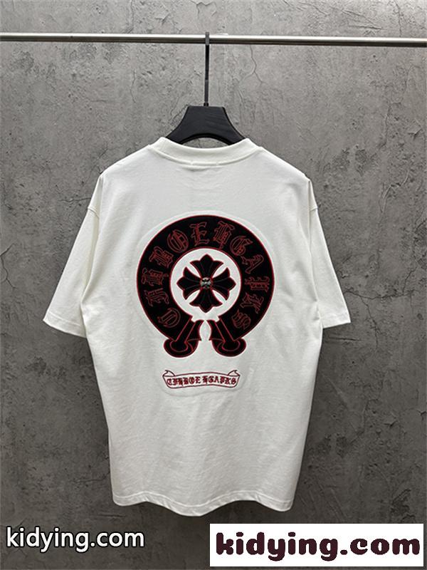 レッド 半袖Tシャツ Chrome Hearts クロムハーツ コピー 胸元サークルロゴ クルーネック ワンポイントデザイン ゆったりシルエット-6