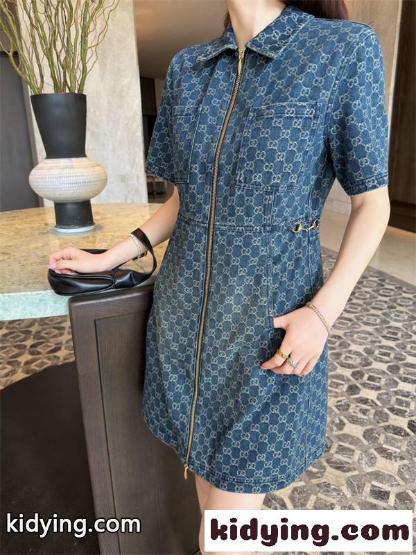 デニムモノグラム フロントジップデザイン きれいめスタイル フレンチムード GUCCI グッチ コピー ワンピース-4
