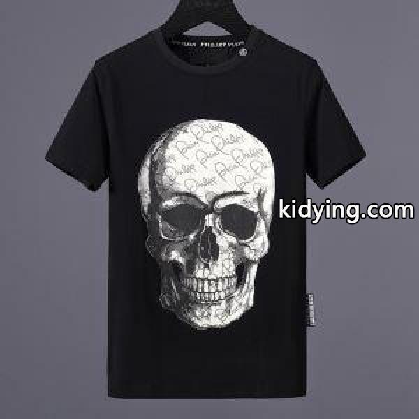 PHILIPP PLEINフィリッププレインコピー(F17C MTK0966)Tシャツのブラック、ホワイトのクルーネック半袖Tシャツ-0