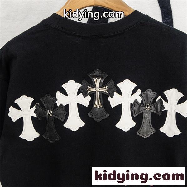 クロムハーツ コピー Chrome Hearts 半袖Tシャツ ブラック ホワイト 刺繍ロゴ レザーパッチ クロスモチーフ バックデザイン 本革風 切替デザイン 綿素材 通気性 クルーネック オーバーサイズ ストリート モード系 ユニセックス 夏人気-5
