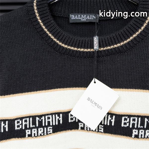 BALMAIN 偽物 秋冬ブランド 上質 ブラック × ホワイト ストライプ满印ロゴ ニットセーター バルマン-6