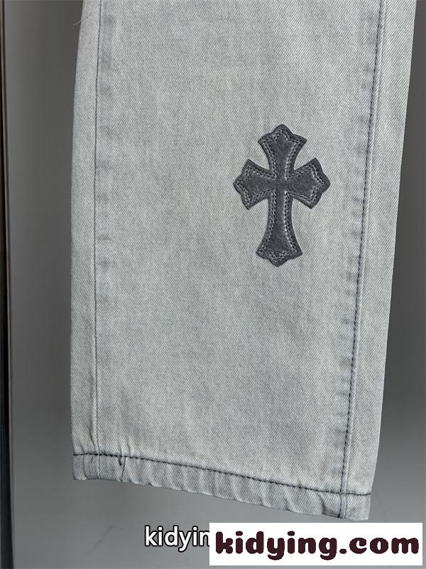 ライトグレー ストレートデニムパンツ Chrome Hearts クロムハーツ コピー クロスパッチ装飾 ウォッシュ加工 5ポケット ジーンズ-5