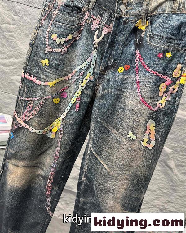 Acne デニムパンツ アクネストゥディオズ コピー ダークブルー チェーン装飾 ワイドシルエット 個性派-3