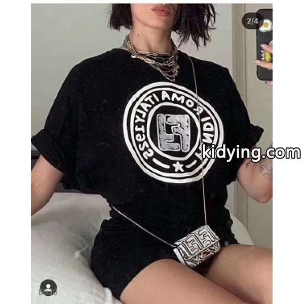 2021SS【FENDI】トランプアイ コットン Tシャツ41713660フェンディ コピー黒白ストレッチ吸湿性-0