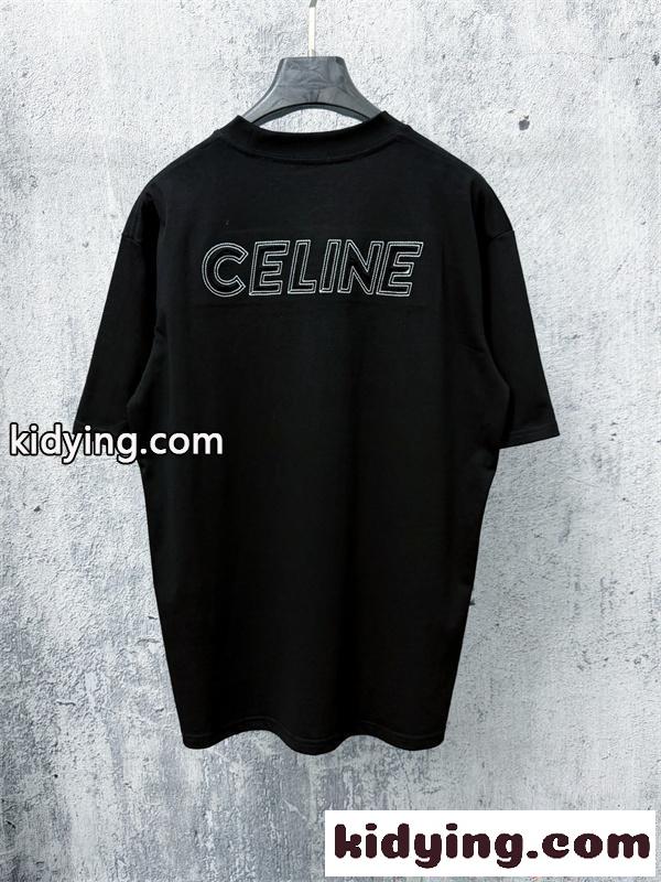 CELINE 半袖 セリーヌコピー Tシャツ 胸刺繍 バックロゴ クルーネック ブラック ホワイト メンズ レディース ユニセックス カジュアル 人気-1