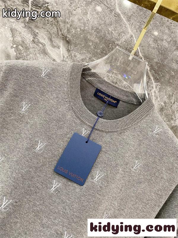 グレー 半袖ニットTシャツ Louis Vuitton LV総柄 ルイヴィトン コピー ワンポイントロゴ クルーネック リブ襟-1
