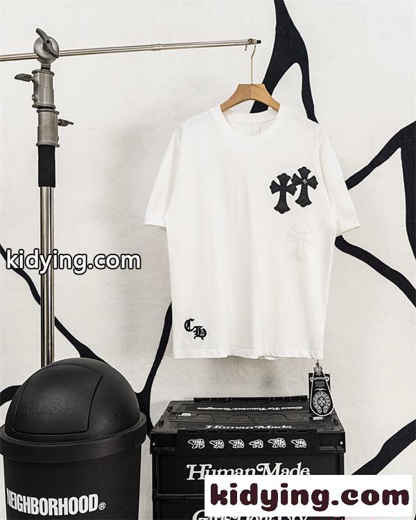 クロムハーツ コピー Chrome Hearts 半袖Tシャツ ブラック ホワイト 刺繍ロゴ レザーパッチ クロスモチーフ バックデザイン 本革風 切替デザイン 綿素材 通気性 クルーネック オーバーサイズ ストリート モード系 ユニセックス 夏人気-7