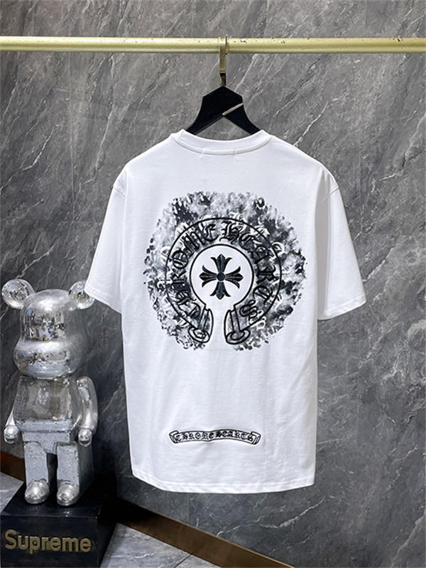 ブラック 半袖Tシャツ Chrome Hearts クロムハーツ コピー ピンクバックサークルロゴ クルーネック クロスモチーフ ストリートトップス-5