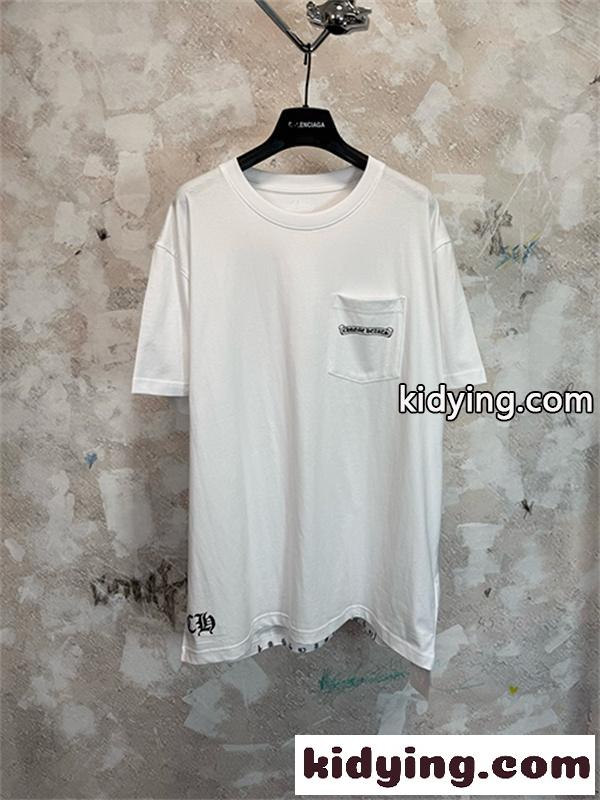 ホワイト 半袖Tシャツ Chrome Hearts クロムハーツ コピー 胸ポケットロゴ 裾グラフィック クルーネック ゆったりシルエット-0