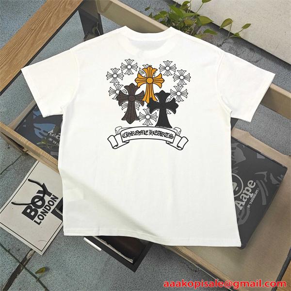 クロムハーツ コピー 半袖Tシャツ Chrome Hearts クロスフラワー ロゴプリント ホワイト ブラック バックデザイン クルーネック カジュアル ストリート-1