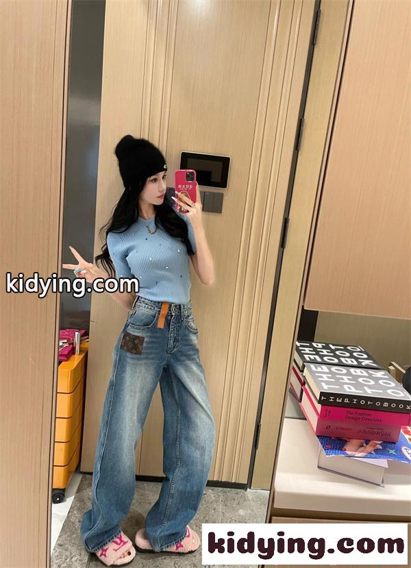 デニムパンツ レディース ルイヴィトン コピー ハイウエスト ワイドレッグ 美脚効果 カジュアル LOUIS VUITTON-2