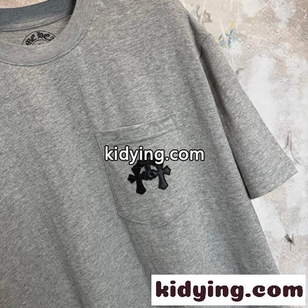 2026新作 CHROME HEARTS コピー クロムハーツ ポケットロゴ 半袖Tシャツ メンズ クルーネック グレー ミニマル ストリート カジュアル-3