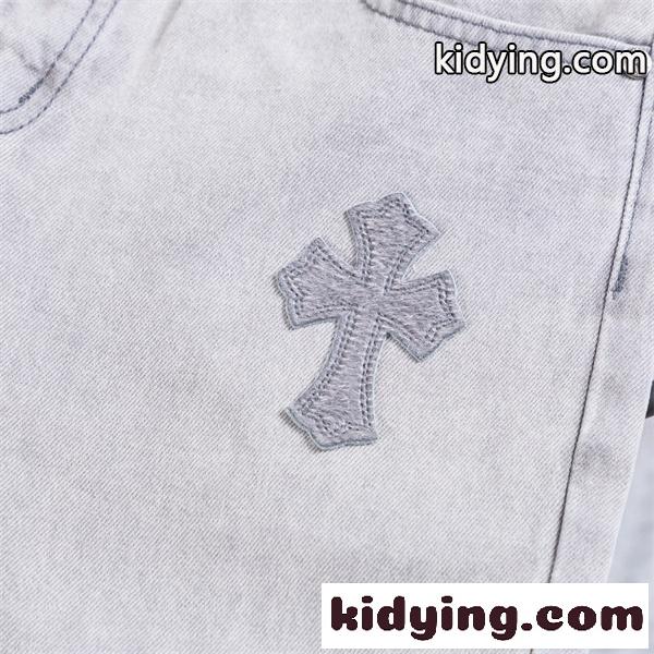 ライトグレー デニムパンツ Chrome Hearts クロムハーツ コピー クロス刺繍パッチ ウォッシュ加工 ストレートシルエット 5ポケットジーンズ-9