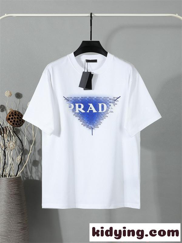 シンプル半袖 PRADA コピー Ｔシャツ ホワイト ブルー配色 プラダ 上品 カジュアル 夏コーデ 爽やか 夏向け 軽やか-4