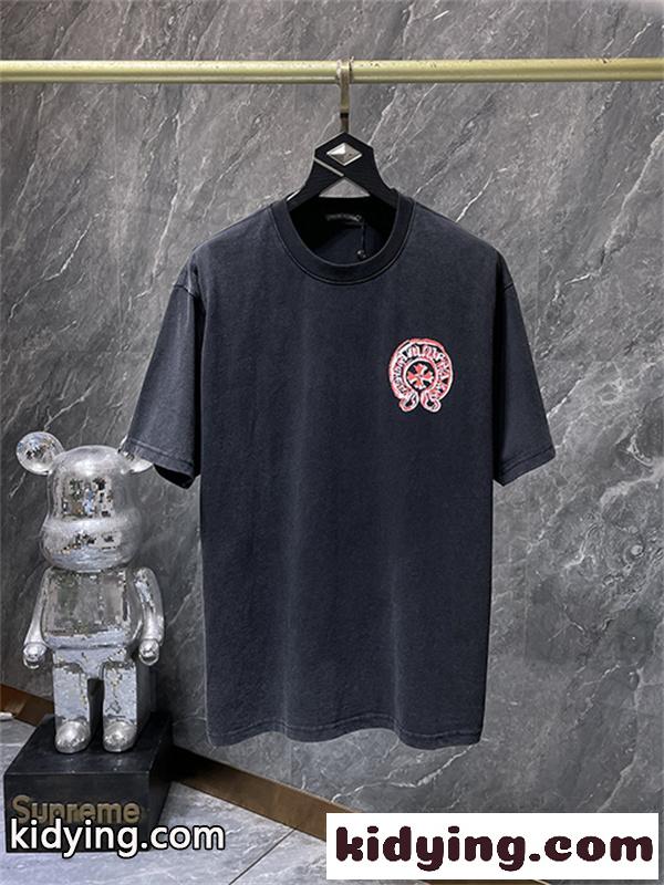 ブラック 半袖Tシャツ Chrome Hearts ピンクサークル胸ロゴ クロムハーツ コピー クルーネック ワンポイントデザイン ゆったりシルエット-1