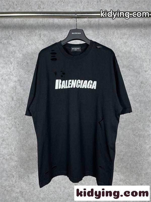 バレンシアガ コピー Balenciaga 651795 半袖Tシャツ ブラック ダメージ加工 ロゴプリント オーバーサイズ クラッシュデザイン ストリート系 メンズ-3