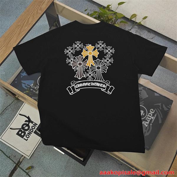 クロムハーツ コピー 半袖Tシャツ Chrome Hearts クロスフラワー ロゴプリント ホワイト ブラック バックデザイン クルーネック カジュアル ストリート-3