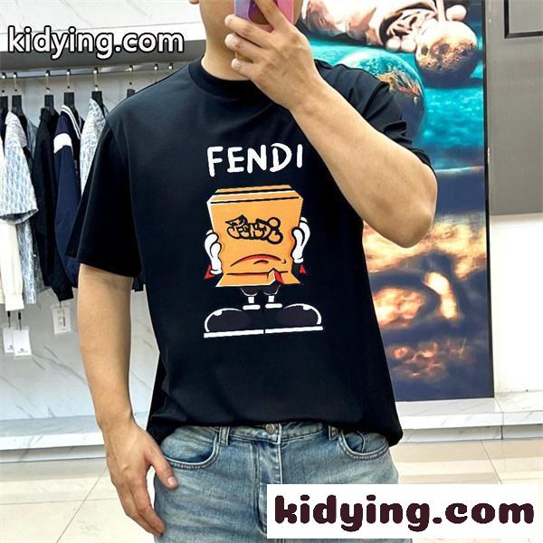 フェンディ コピー 半袖 Tシャツ メンズ ワイドフィット ホワイト ブラック プリントデザイン キャラクター柄 ロゴ入り カジュアル 通気性 柔らか素材 春夏-0